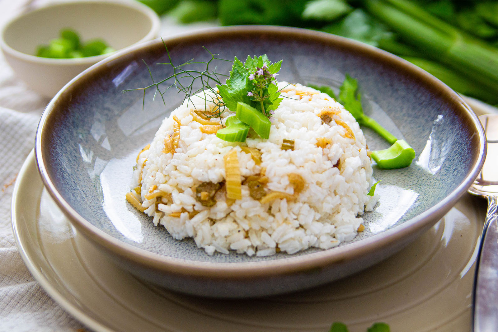 Reis mit gebratenem Fenchel und Stangensellerie