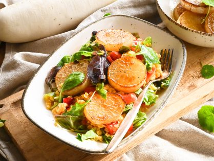 Geschmorter Bierrettich auf Linsensalat