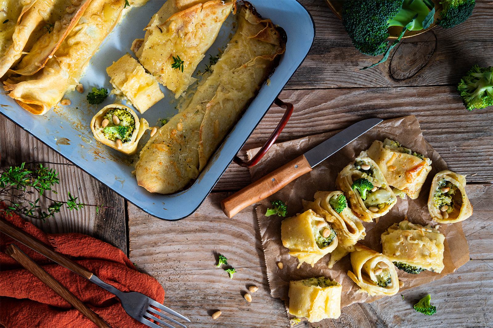Überbackene Palatschinken mit Broccoli- oder Karfiolfülle